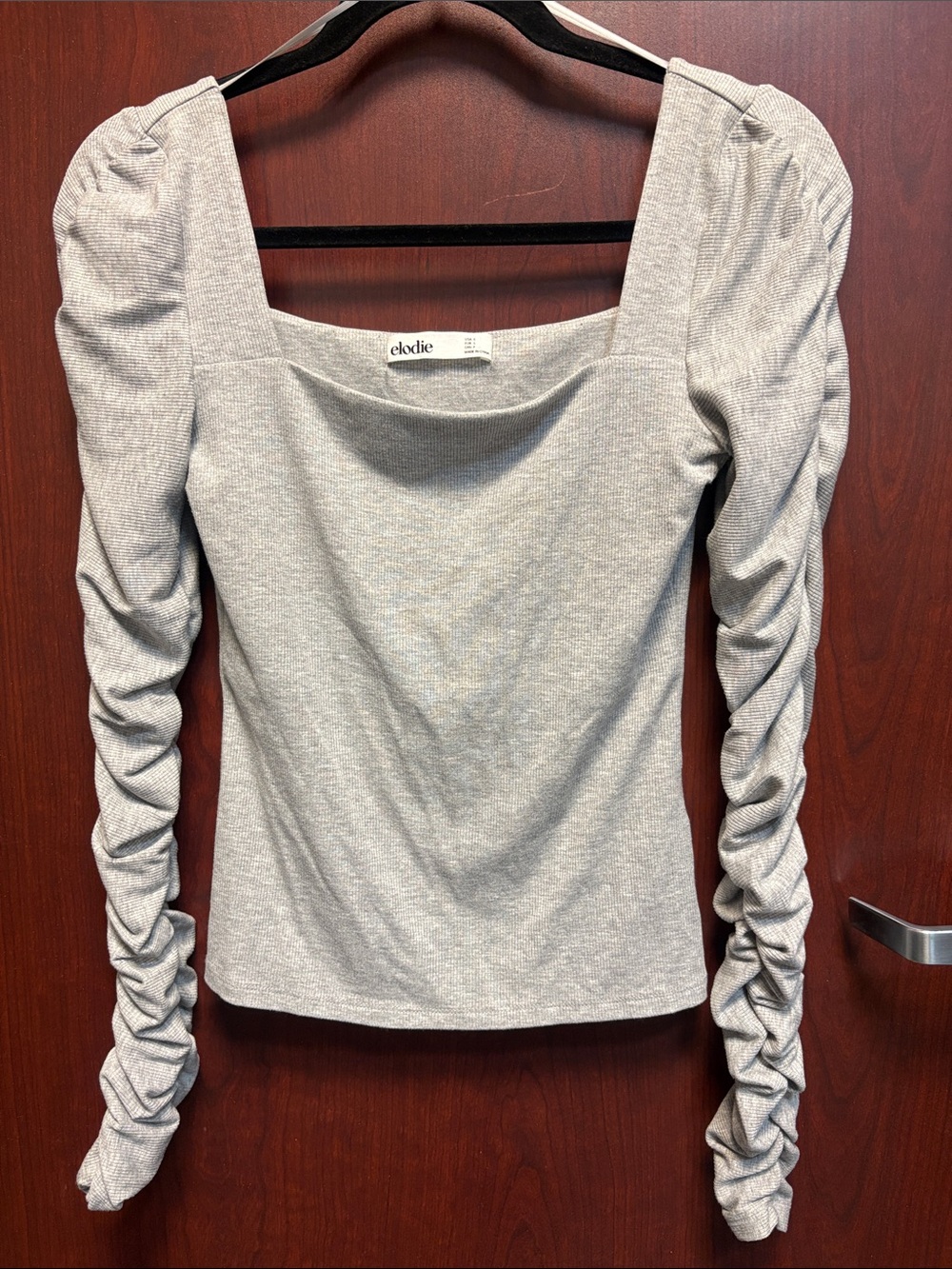 Elodie Light Gray Square Neck Long Ruched Sleeve Top